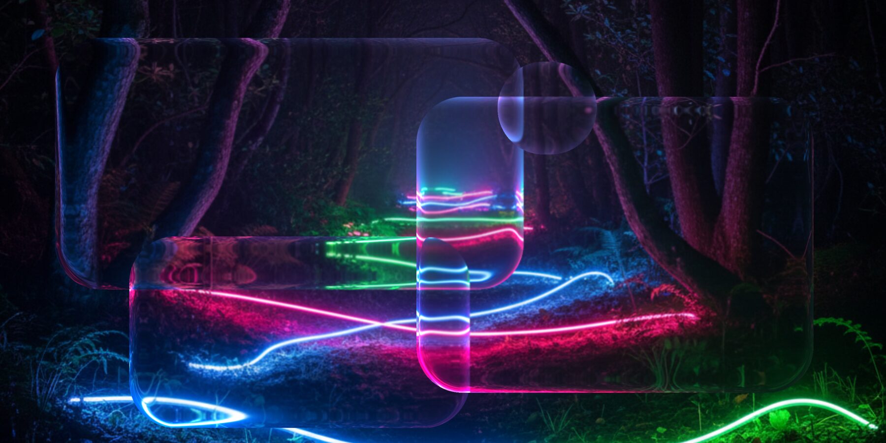 Neon light in a forest refracted through four glass panels rendered by the KWin effect
